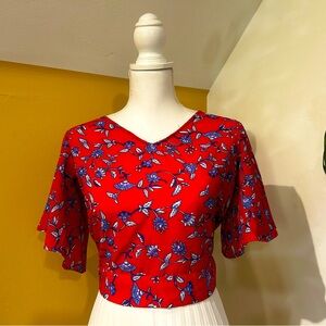 Japna Red Floral Crop Top Blouse Womens Small